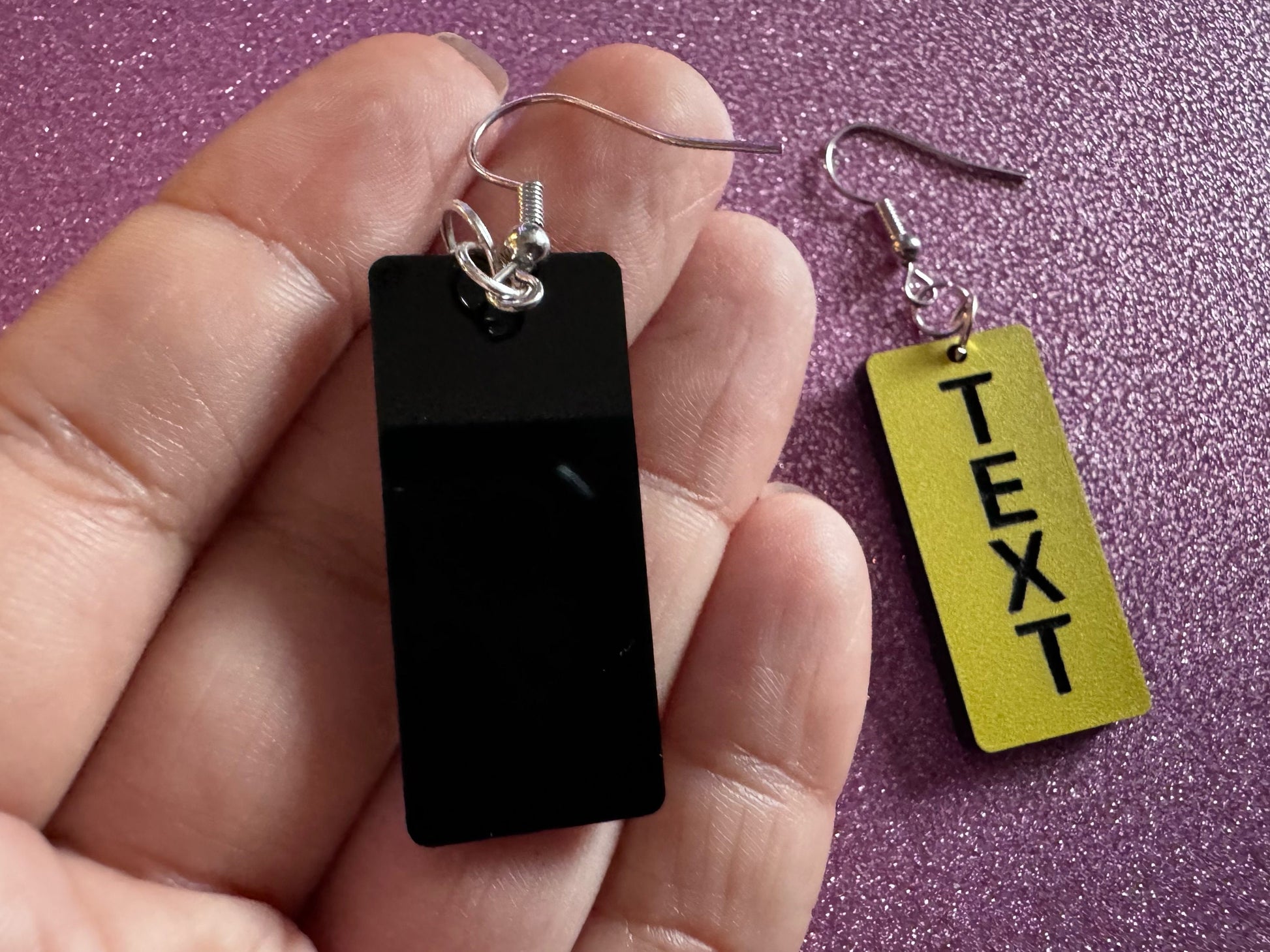 Custom Text Earrings: Laser Engraved Words, Yellow with Black Text, Letters, Names, Teacher Gift, Anniversary, Best Gifts for Her/Him/Them