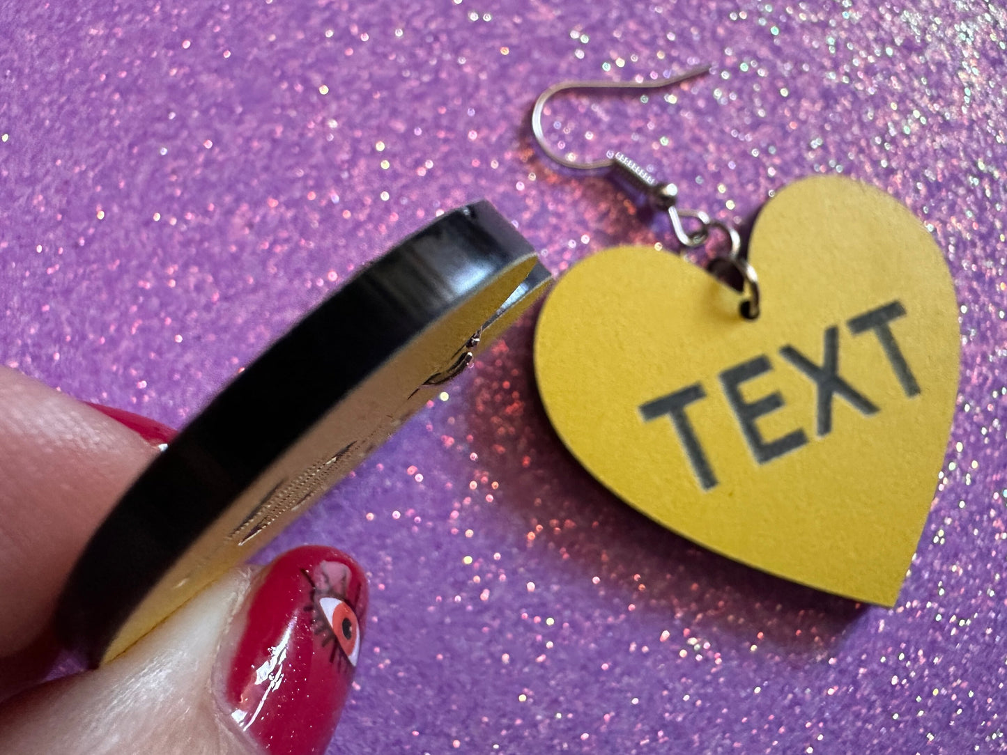 Custom Text Earrings: Laser Engraved Words, Yellow with Black Text, Letters, Names, Teacher Gift, Anniversary, Best Gifts for Her/Him/Them