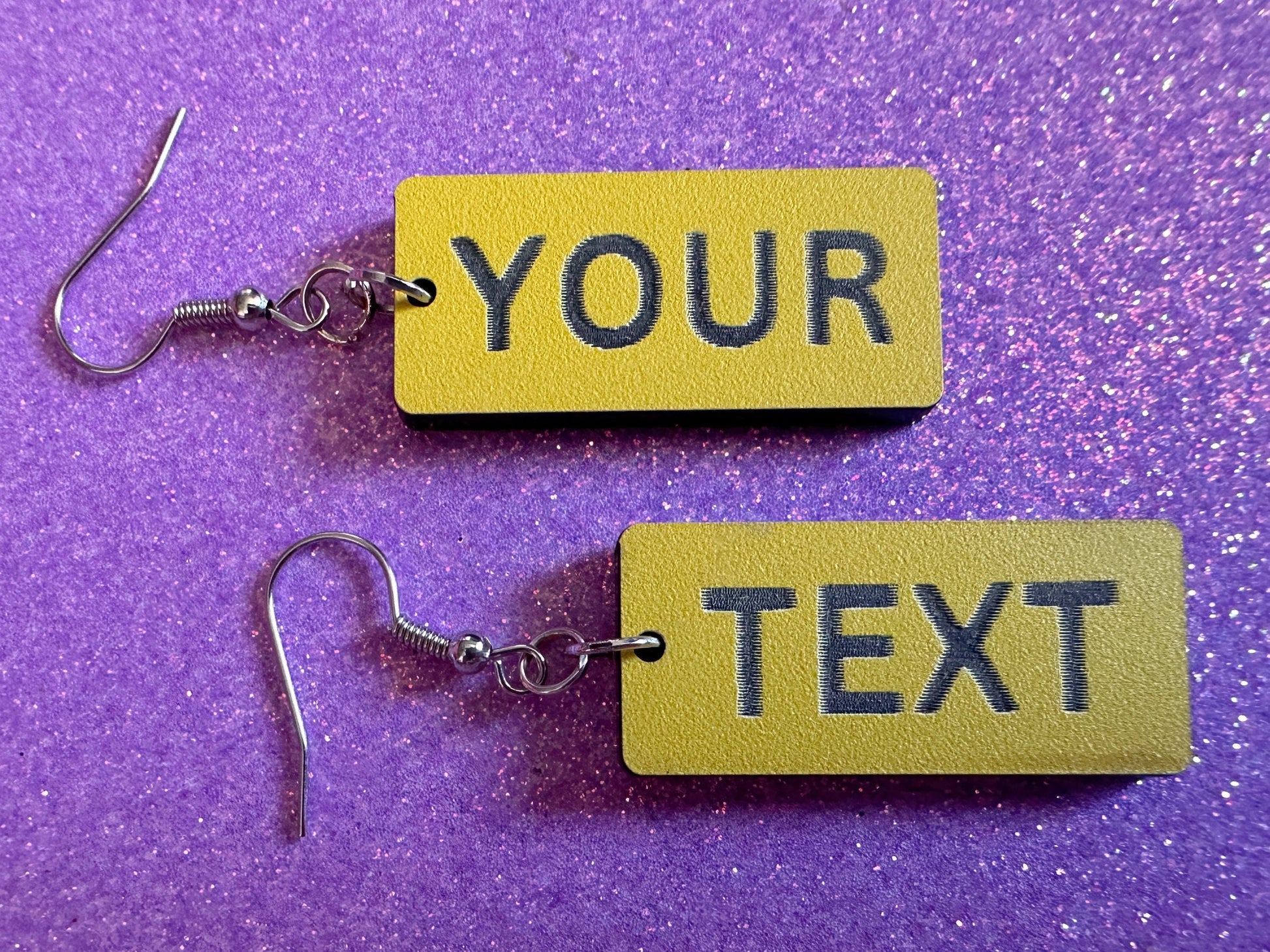 Custom Text Earrings: Laser Engraved Words, Yellow with Black Text, Letters, Names, Teacher Gift, Anniversary, Best Gifts for Her/Him/Them