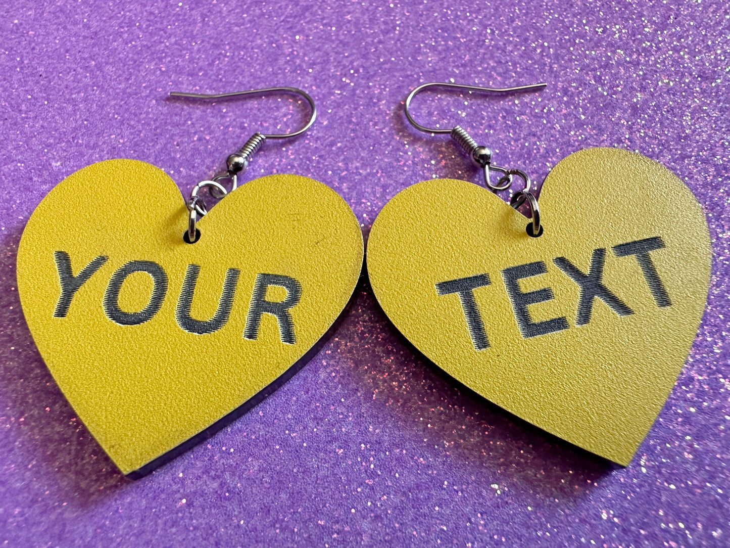 Custom Text Earrings: Laser Engraved Words, Yellow with Black Text, Letters, Names, Teacher Gift, Anniversary, Best Gifts for Her/Him/Them