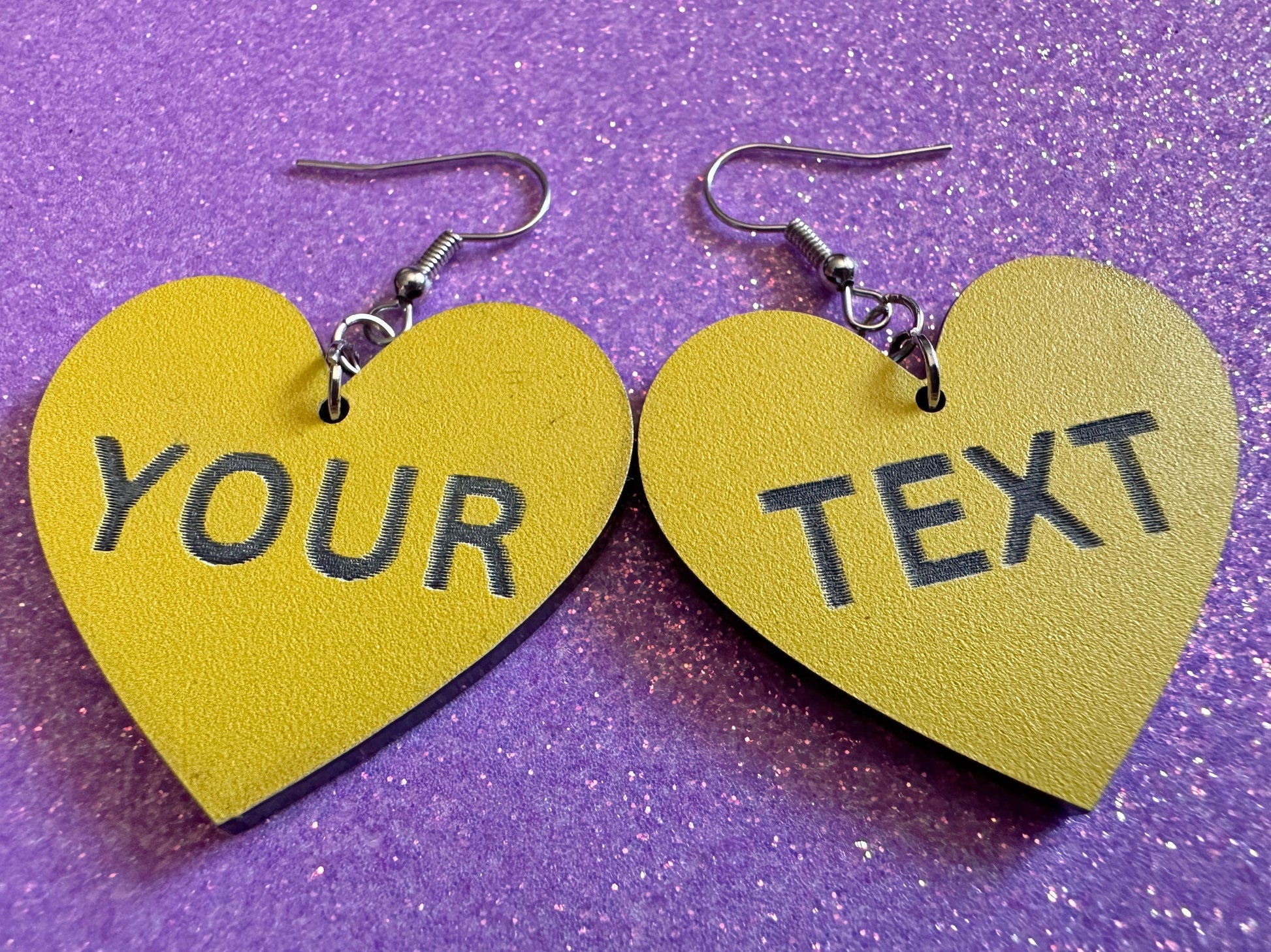 Custom Text Earrings: Laser Engraved Words, Yellow with Black Text, Letters, Names, Teacher Gift, Anniversary, Best Gifts for Her/Him/Them