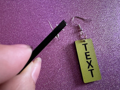 Custom Text Earrings: Laser Engraved Words, Yellow with Black Text, Letters, Names, Teacher Gift, Anniversary, Best Gifts for Her/Him/Them