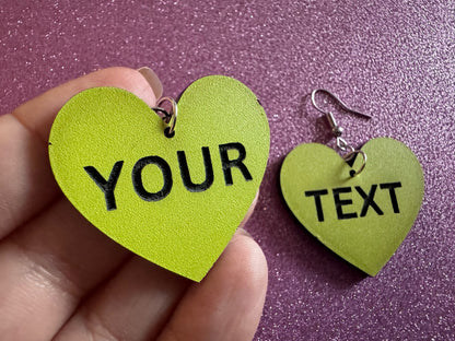 Custom Text Earrings: Laser Engraved Words, Yellow with Black Text, Letters, Names, Teacher Gift, Anniversary, Best Gifts for Her/Him/Them