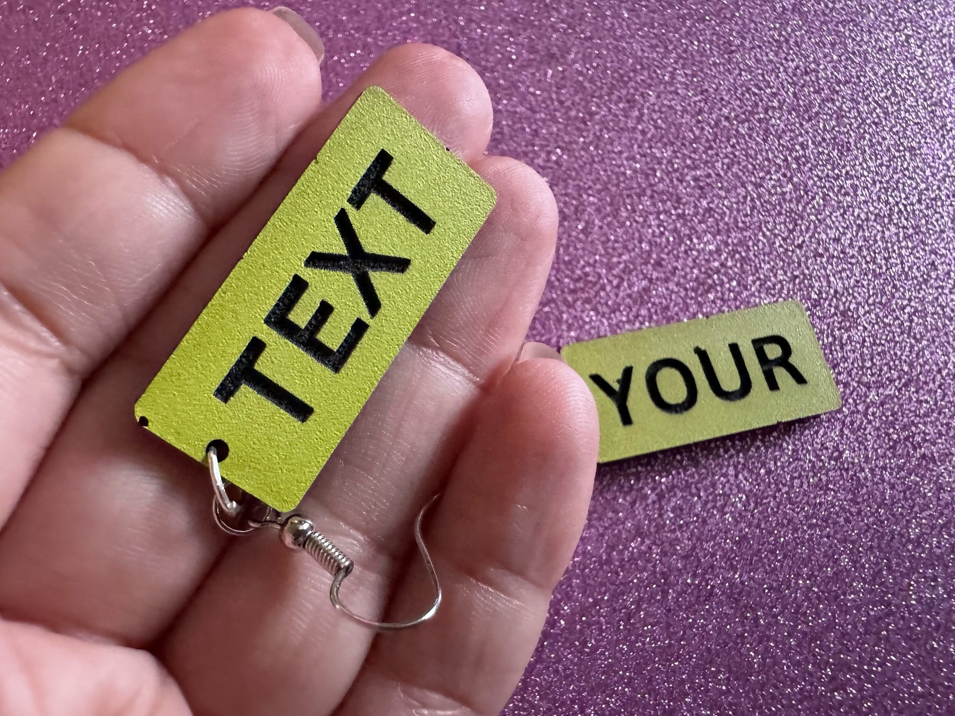 Custom Text Earrings: Laser Engraved Words, Yellow with Black Text, Letters, Names, Teacher Gift, Anniversary, Best Gifts for Her/Him/Them