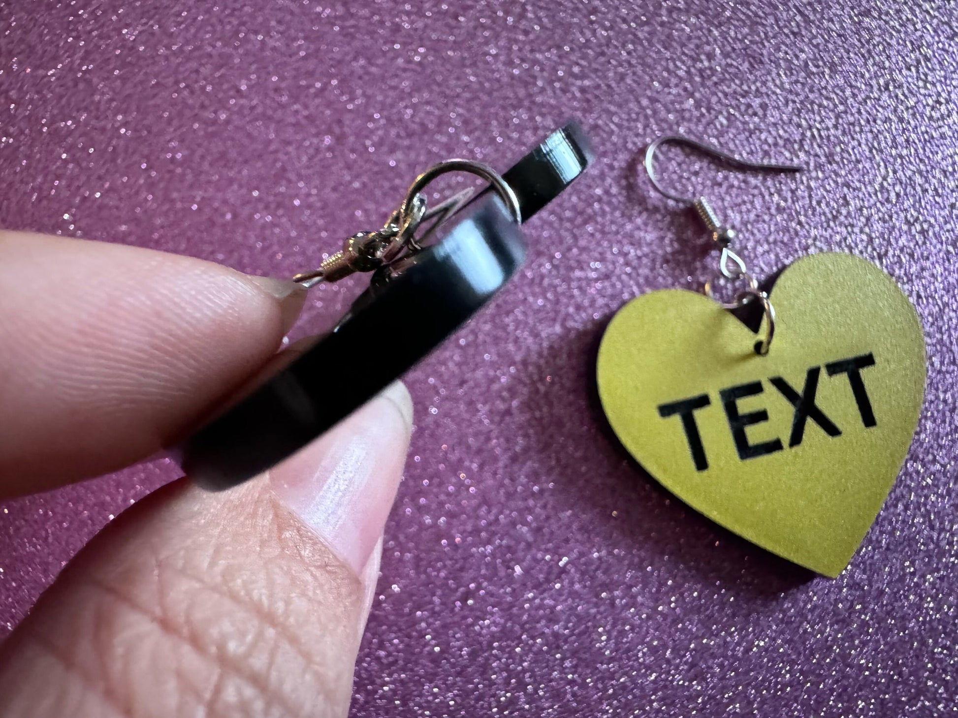 Custom Text Earrings: Laser Engraved Words, Yellow with Black Text, Letters, Names, Teacher Gift, Anniversary, Best Gifts for Her/Him/Them