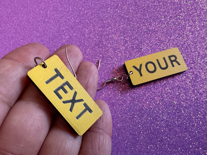 Custom Text Earrings: Laser Engraved Words, Yellow with Black Text, Letters, Names, Teacher Gift, Anniversary, Best Gifts for Her/Him/Them