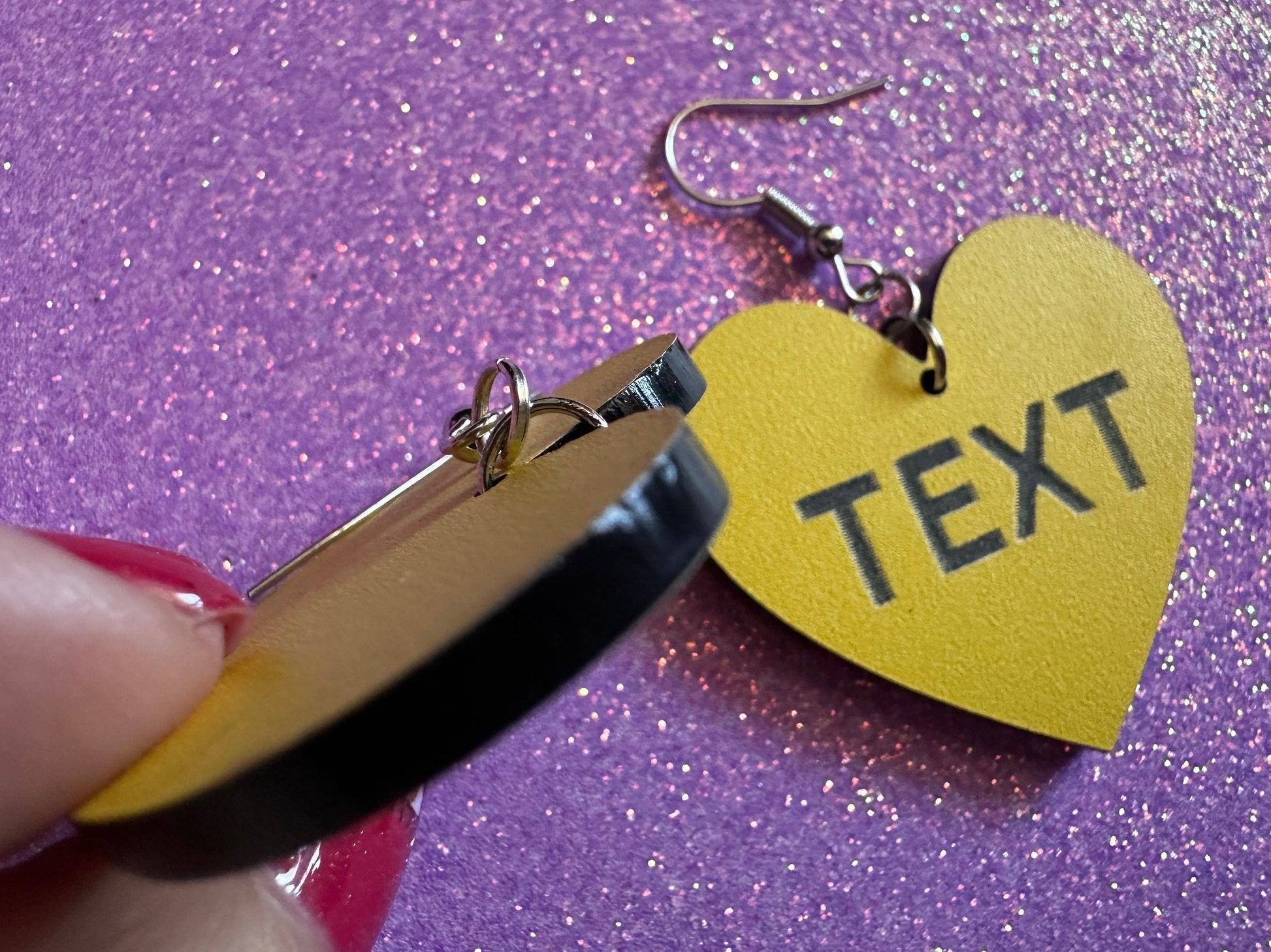 Custom Text Earrings: Laser Engraved Words, Yellow with Black Text, Letters, Names, Teacher Gift, Anniversary, Best Gifts for Her/Him/Them