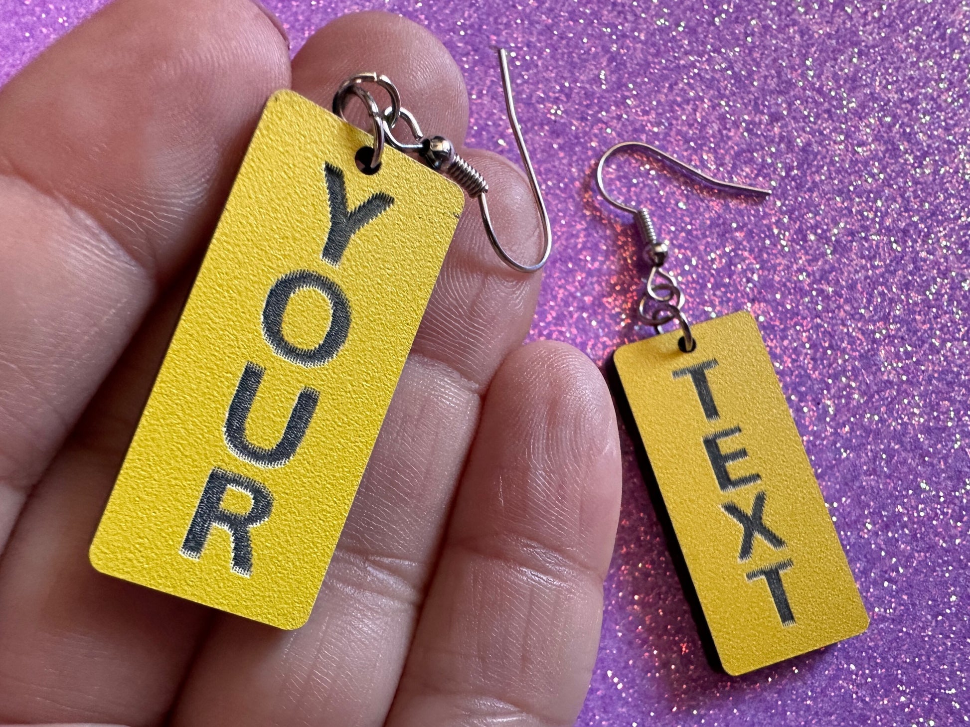 Custom Text Earrings: Laser Engraved Words, Yellow with Black Text, Letters, Names, Teacher Gift, Anniversary, Best Gifts for Her/Him/Them