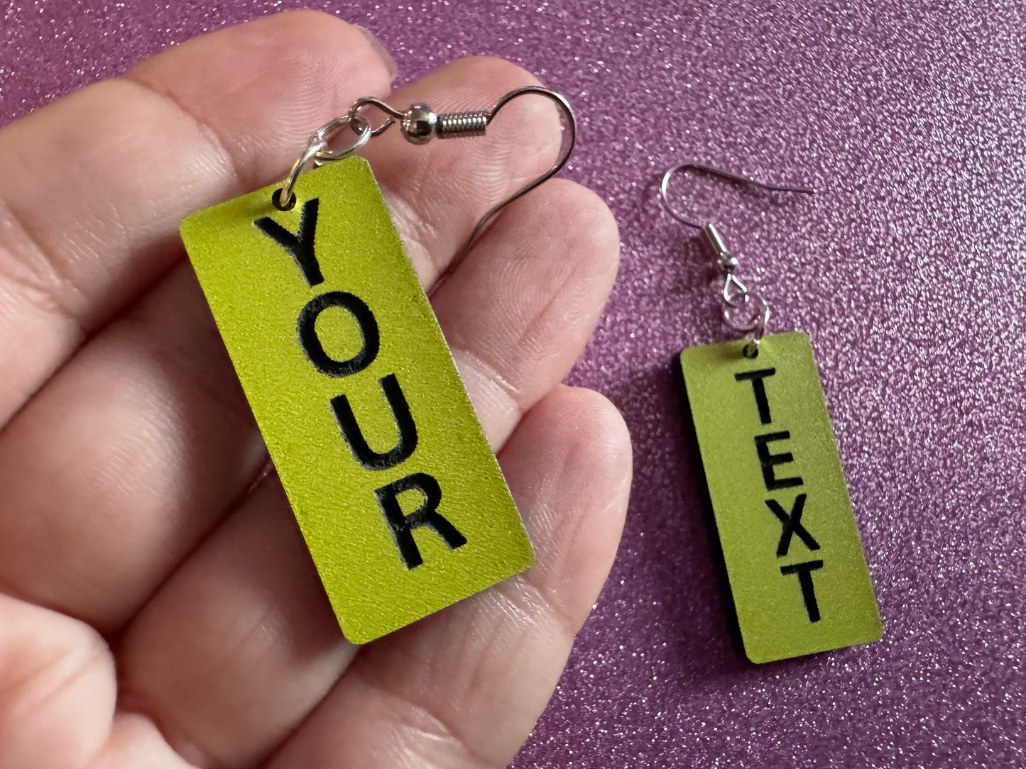 Custom Text Earrings: Laser Engraved Words, Yellow with Black Text, Letters, Names, Teacher Gift, Anniversary, Best Gifts for Her/Him/Them
