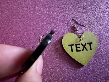 Custom Text Earrings: Laser Engraved Words, Yellow with Black Text, Letters, Names, Teacher Gift, Anniversary, Best Gifts for Her/Him/Them