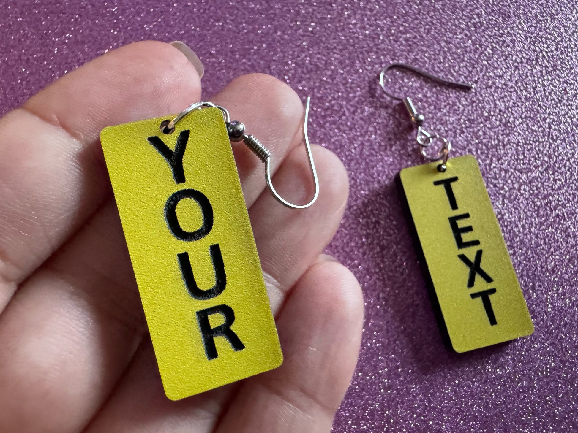 Custom Text Earrings: Laser Engraved Words, Yellow with Black Text, Letters, Names, Teacher Gift, Anniversary, Best Gifts for Her/Him/Them