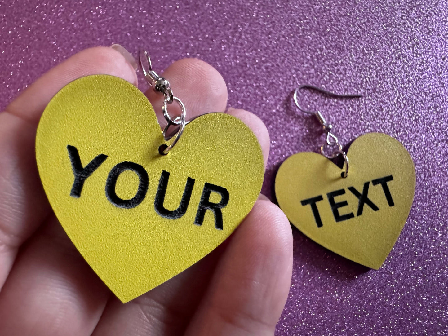 Custom Text Earrings: Laser Engraved Words, Yellow with Black Text, Letters, Names, Teacher Gift, Anniversary, Best Gifts for Her/Him/Them