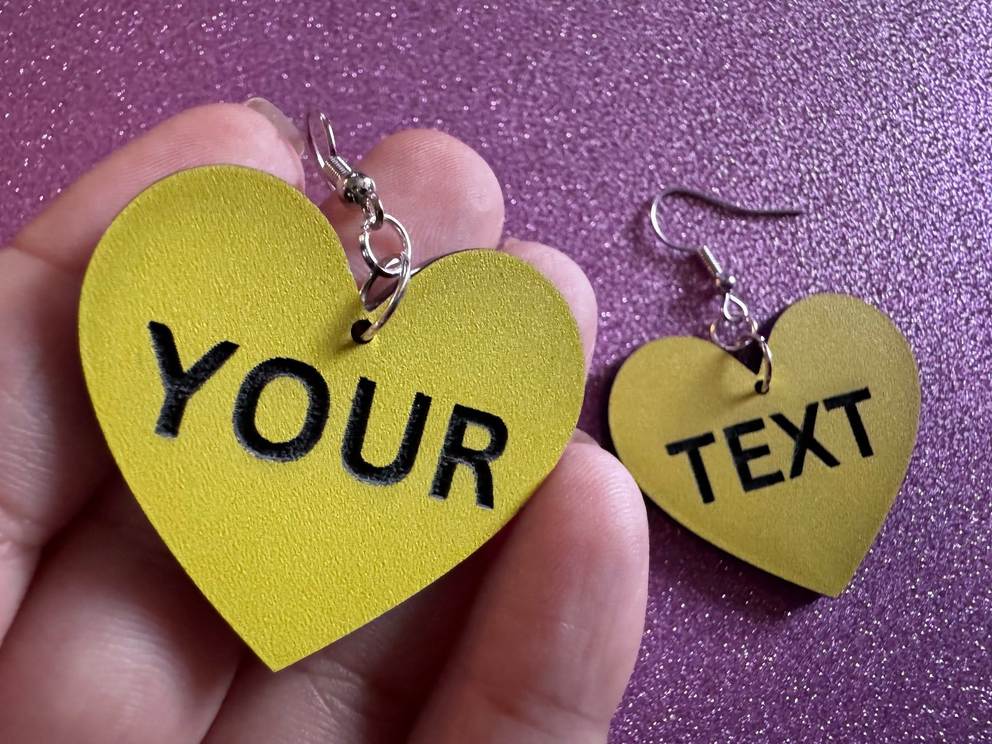 Custom Text Earrings: Laser Engraved Words, Yellow with Black Text, Letters, Names, Teacher Gift, Anniversary, Best Gifts for Her/Him/Them