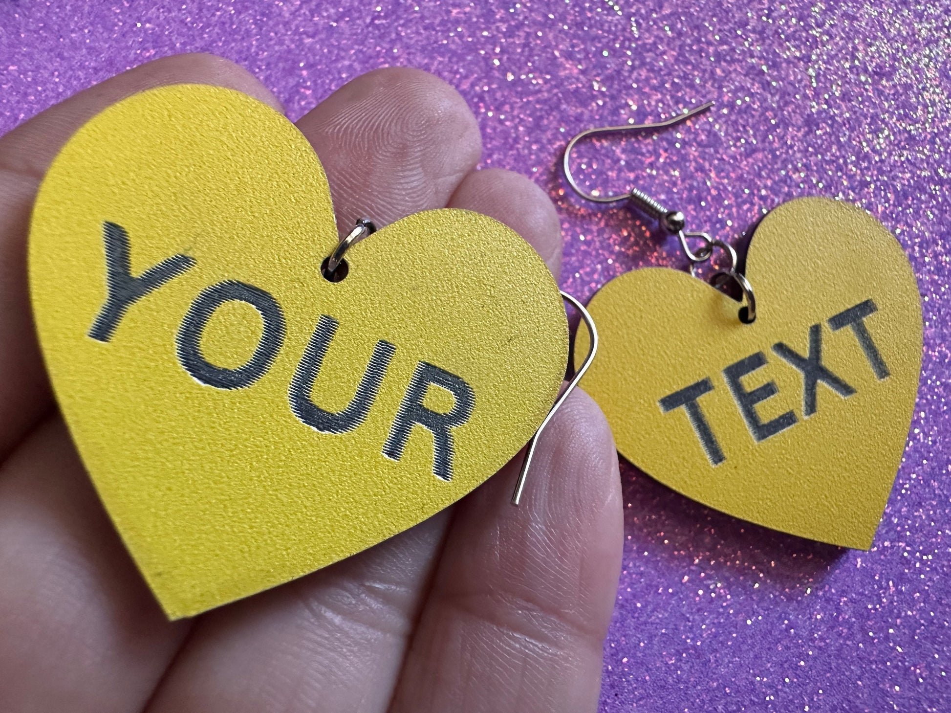 Custom Text Earrings: Laser Engraved Words, Yellow with Black Text, Letters, Names, Teacher Gift, Anniversary, Best Gifts for Her/Him/Them