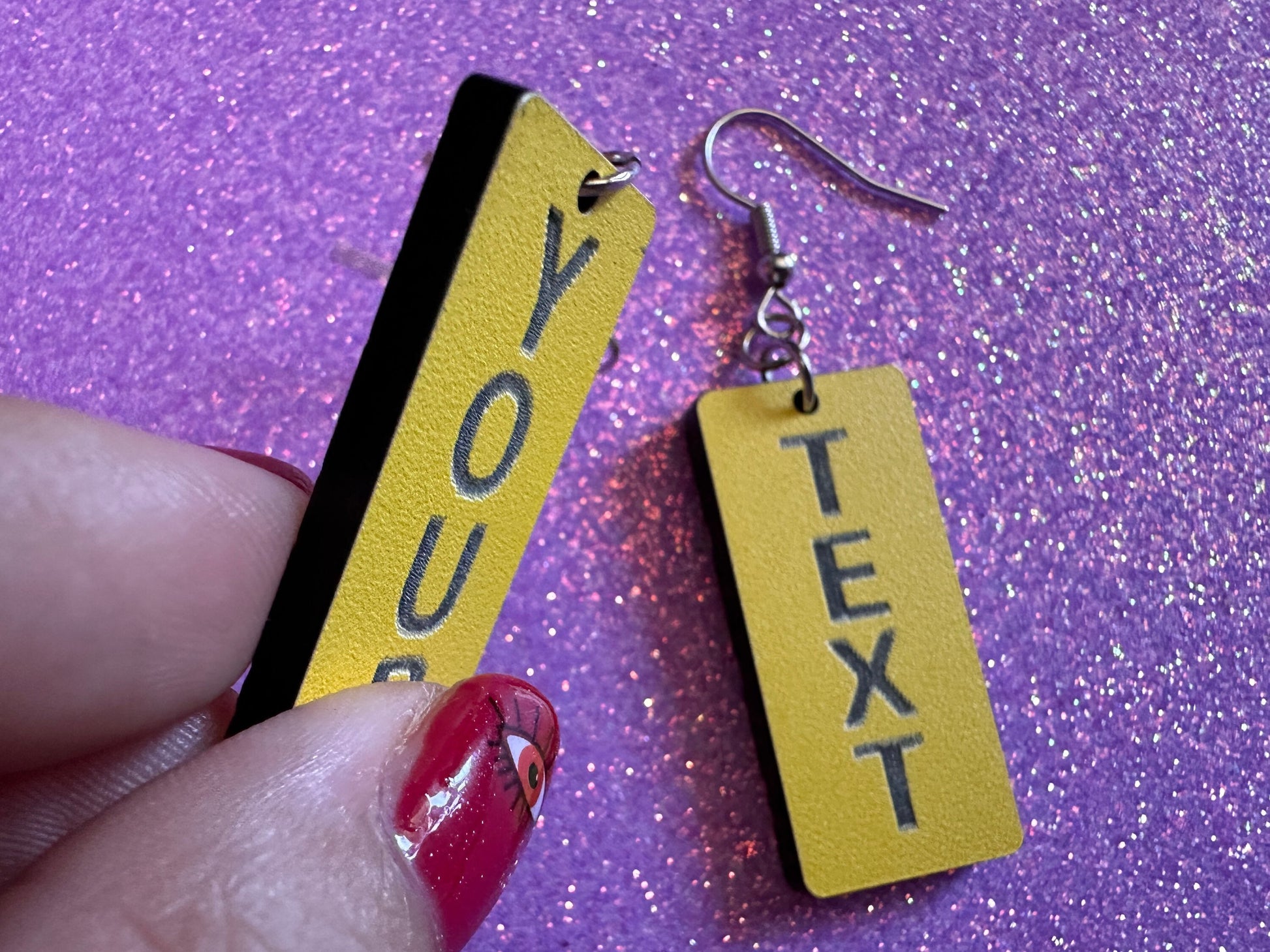 Custom Text Earrings: Laser Engraved Words, Yellow with Black Text, Letters, Names, Teacher Gift, Anniversary, Best Gifts for Her/Him/Them