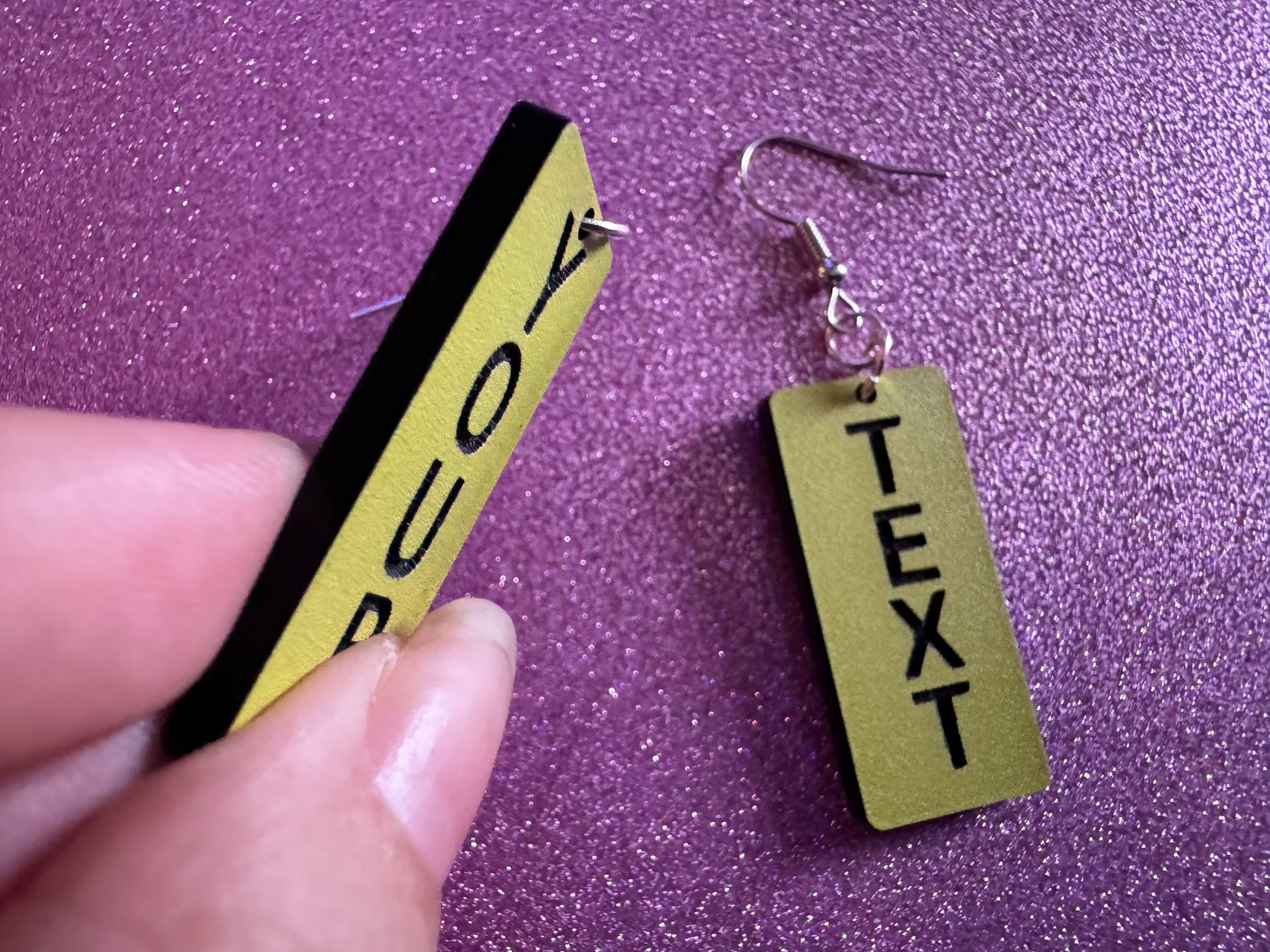 Custom Text Earrings: Laser Engraved Words, Yellow with Black Text, Letters, Names, Teacher Gift, Anniversary, Best Gifts for Her/Him/Them