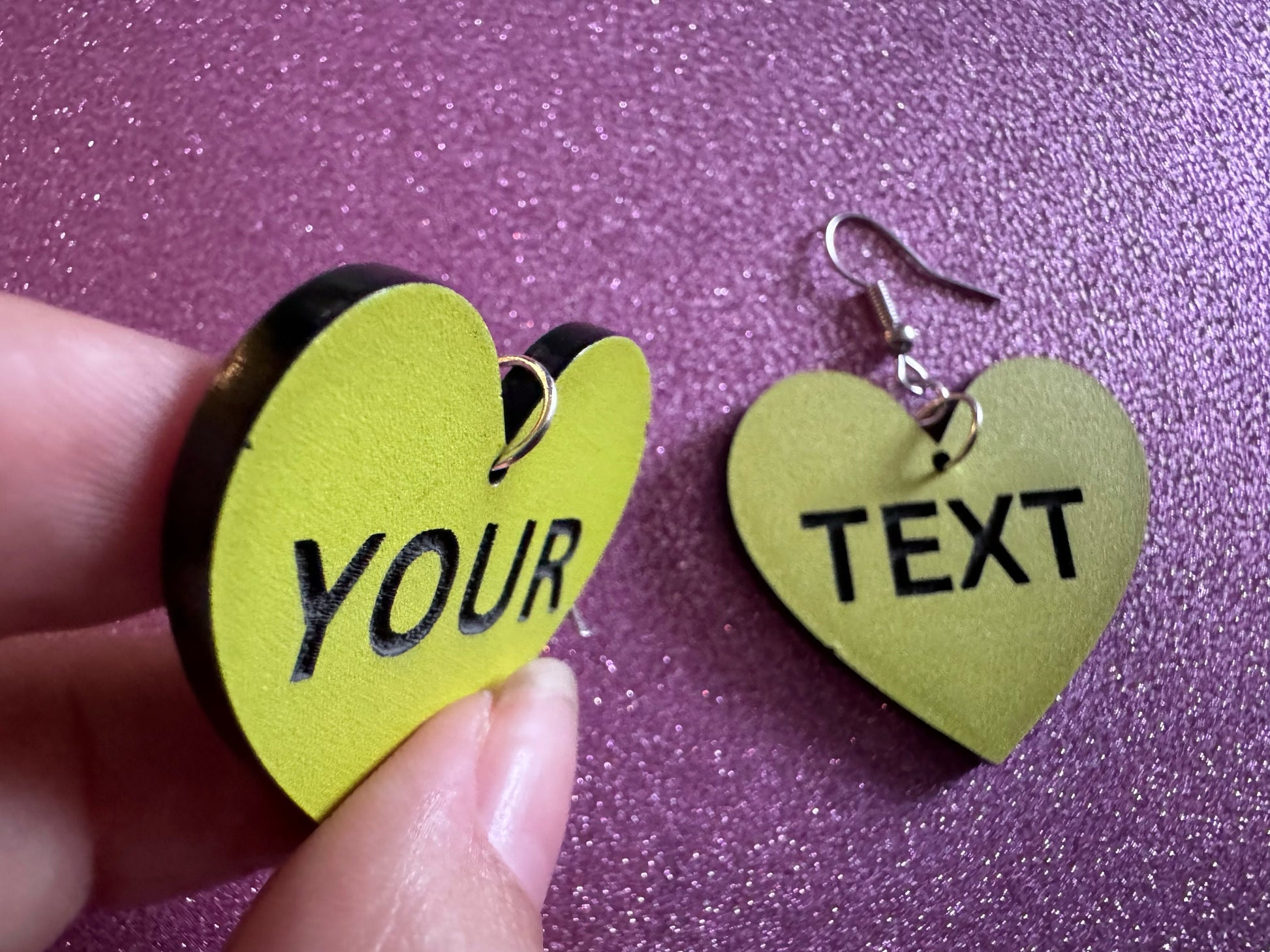 Custom Text Earrings: Laser Engraved Words, Yellow with Black Text, Letters, Names, Teacher Gift, Anniversary, Best Gifts for Her/Him/Them