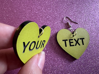 Custom Text Earrings: Laser Engraved Words, Yellow with Black Text, Letters, Names, Teacher Gift, Anniversary, Best Gifts for Her/Him/Them