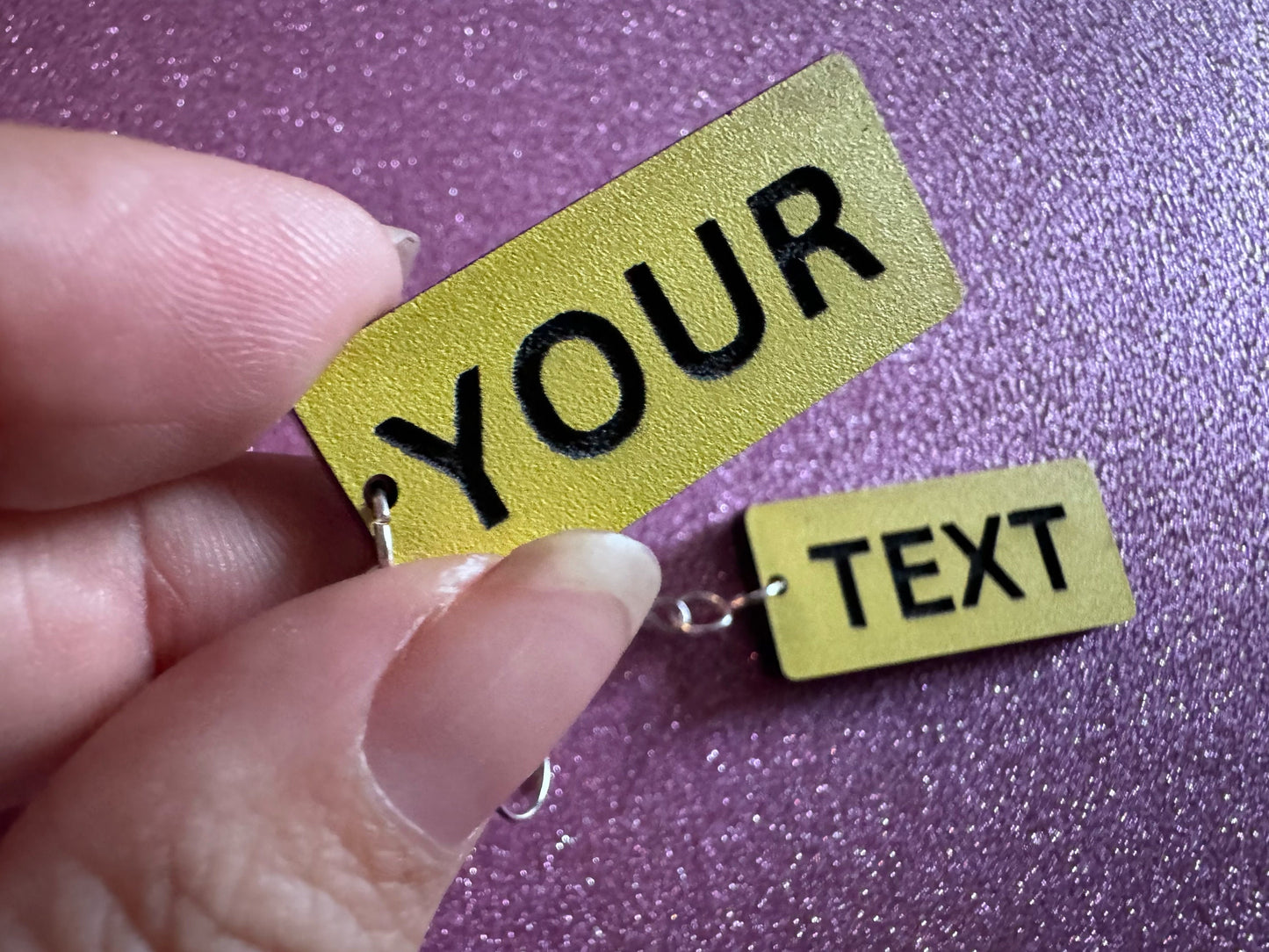 Custom Text Earrings: Laser Engraved Words, Yellow with Black Text, Letters, Names, Teacher Gift, Anniversary, Best Gifts for Her/Him/Them