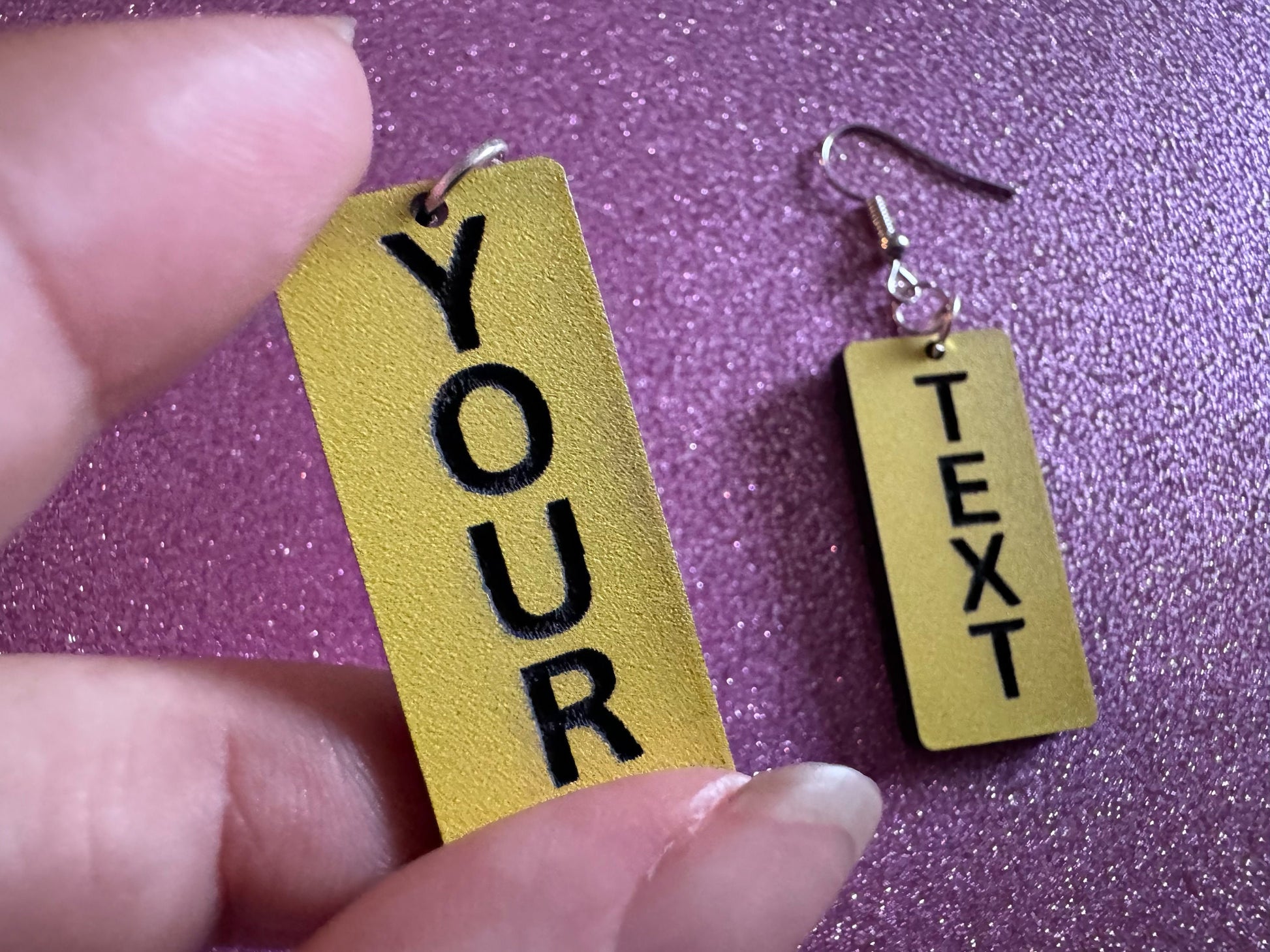 Custom Text Earrings: Laser Engraved Words, Yellow with Black Text, Letters, Names, Teacher Gift, Anniversary, Best Gifts for Her/Him/Them