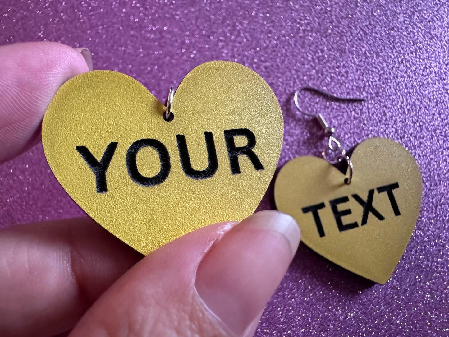 Custom Text Earrings: Laser Engraved Words, Yellow with Black Text, Letters, Names, Teacher Gift, Anniversary, Best Gifts for Her/Him/Them