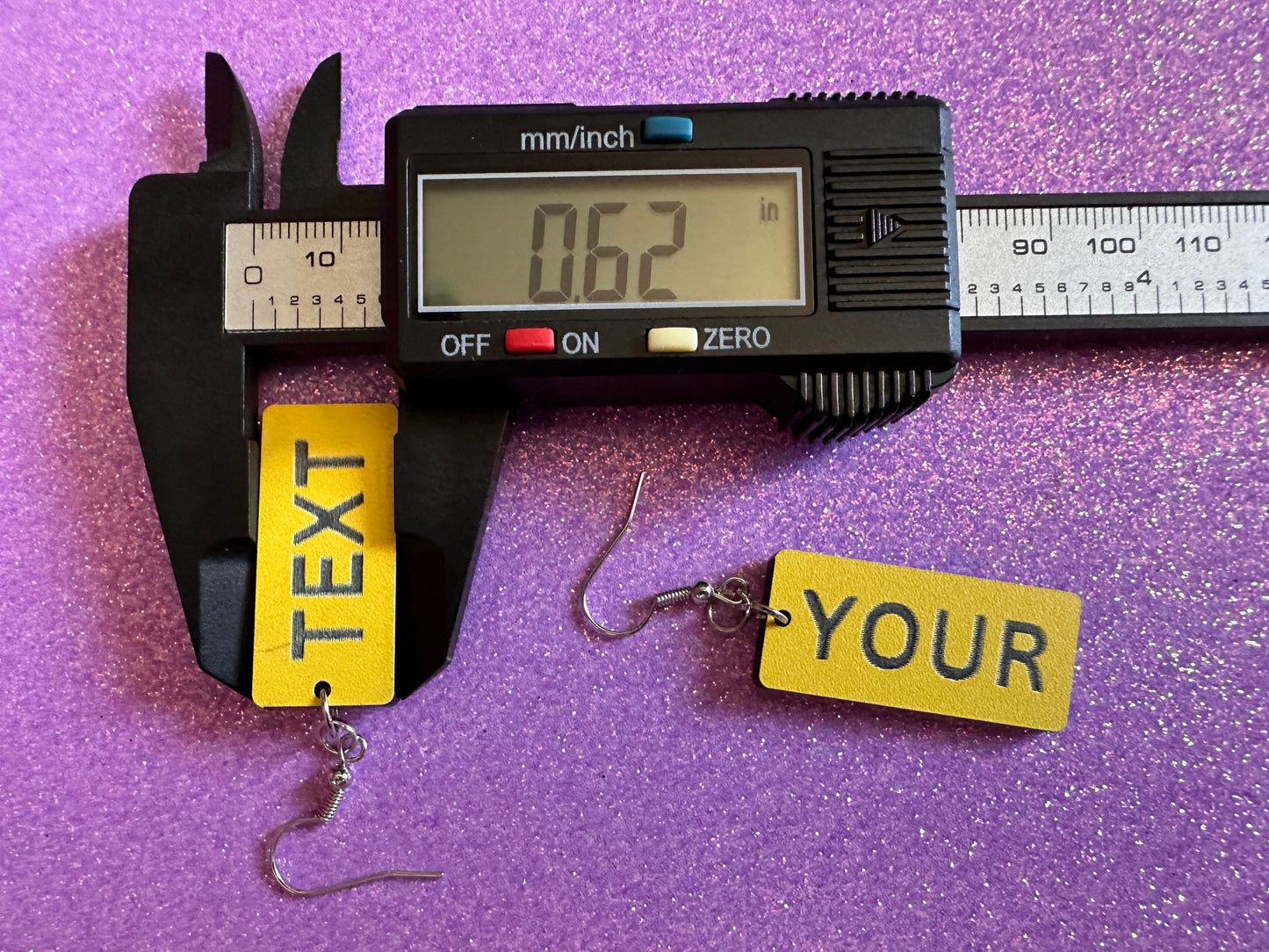 Custom Text Earrings: Laser Engraved Words, Yellow with Black Text, Letters, Names, Teacher Gift, Anniversary, Best Gifts for Her/Him/Them