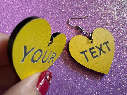 Custom Text Earrings: Laser Engraved Words, Yellow with Black Text, Letters, Names, Teacher Gift, Anniversary, Best Gifts for Her/Him/Them