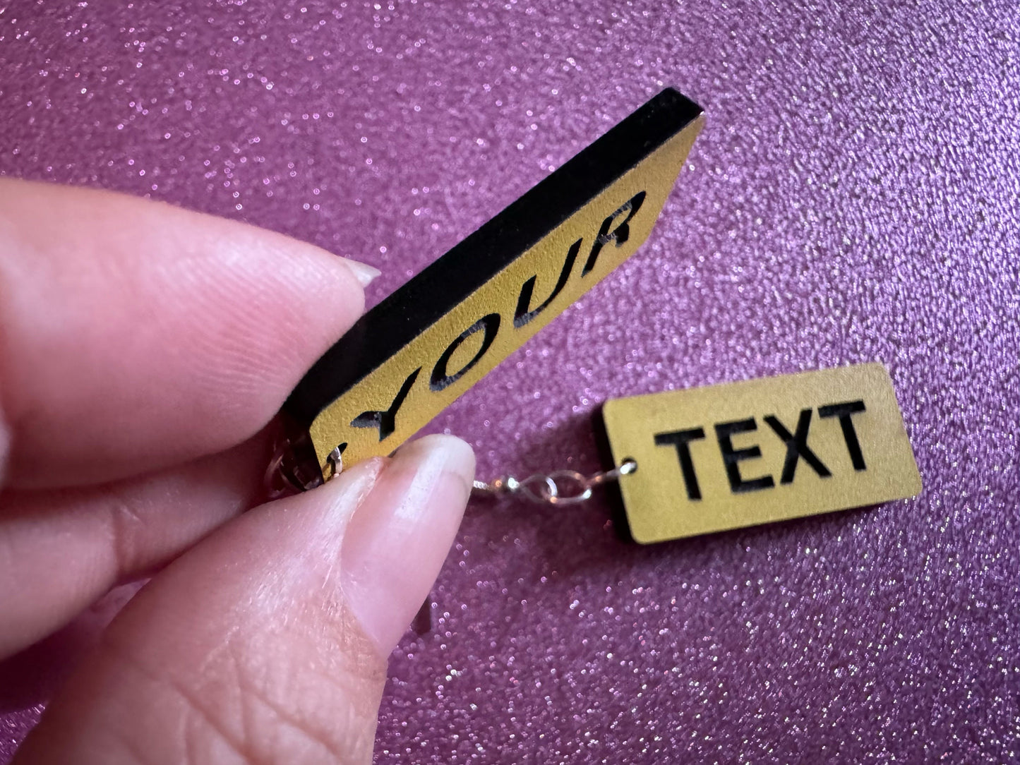 Custom Text Earrings: Laser Engraved Words, Yellow with Black Text, Letters, Names, Teacher Gift, Anniversary, Best Gifts for Her/Him/Them