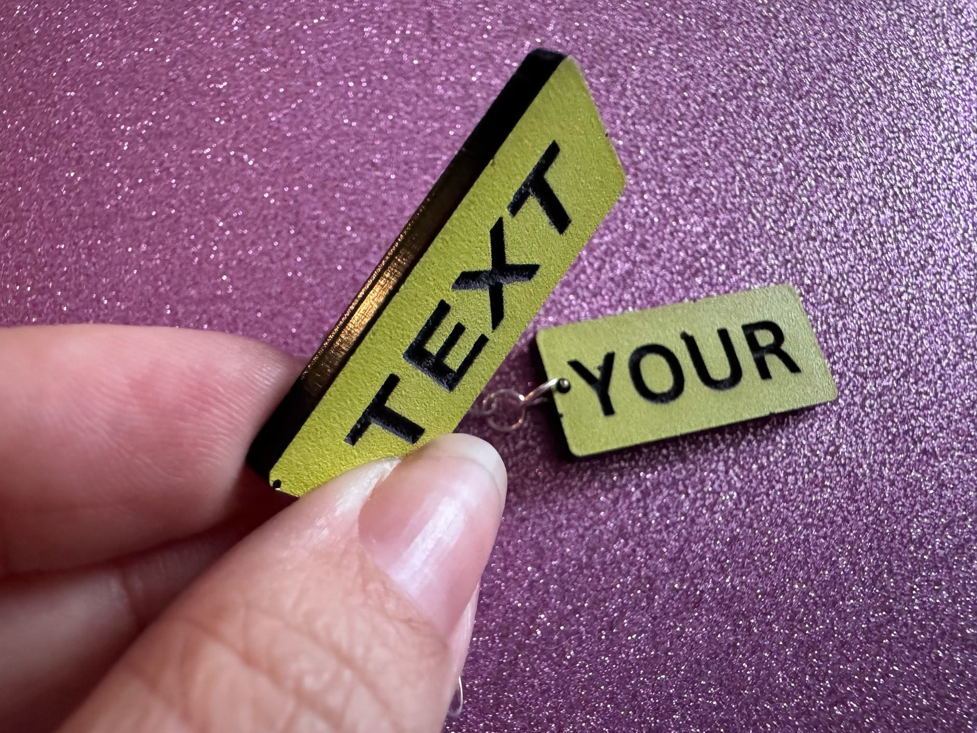Custom Text Earrings: Laser Engraved Words, Yellow with Black Text, Letters, Names, Teacher Gift, Anniversary, Best Gifts for Her/Him/Them