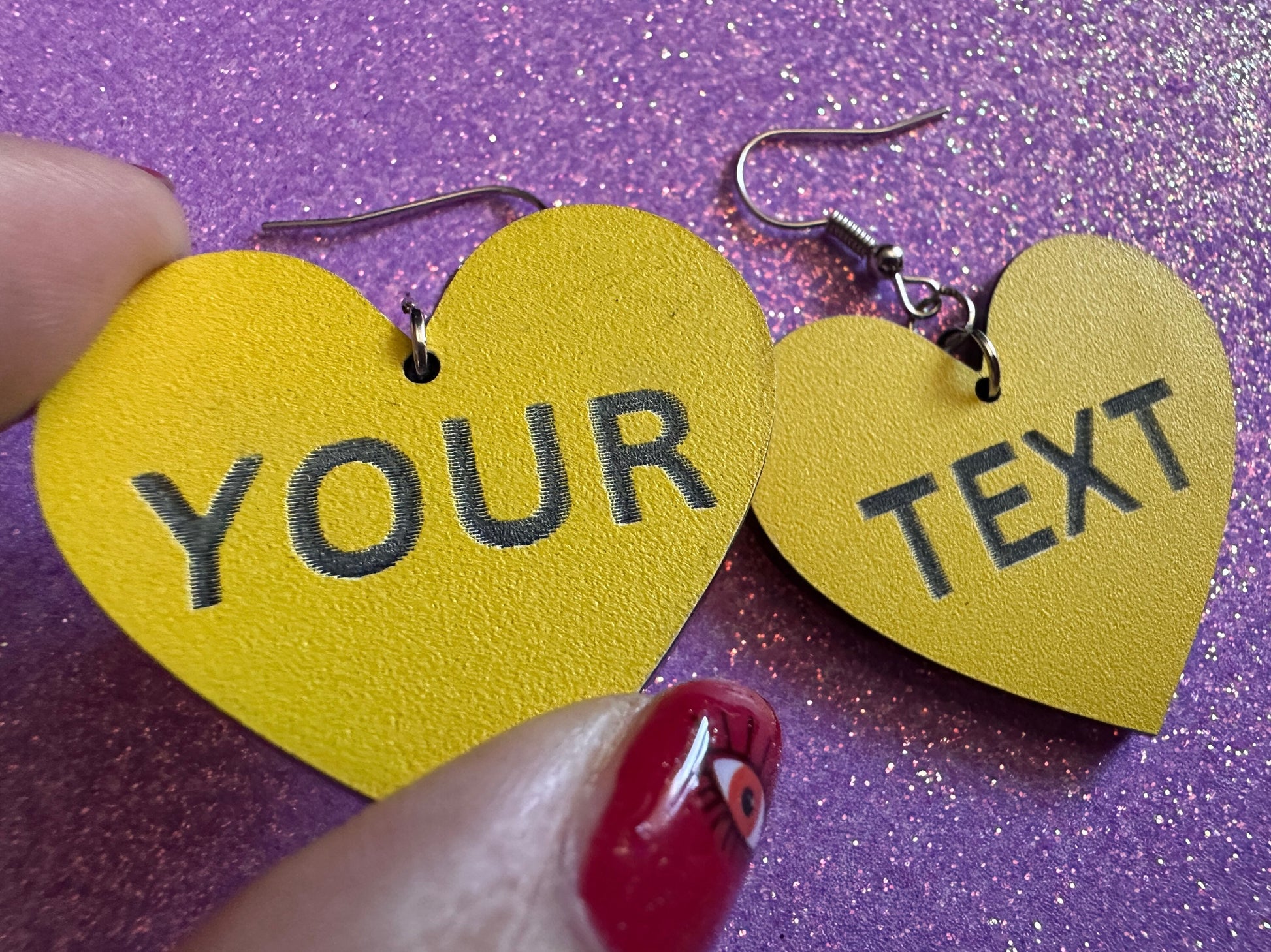Custom Text Earrings: Laser Engraved Words, Yellow with Black Text, Letters, Names, Teacher Gift, Anniversary, Best Gifts for Her/Him/Them