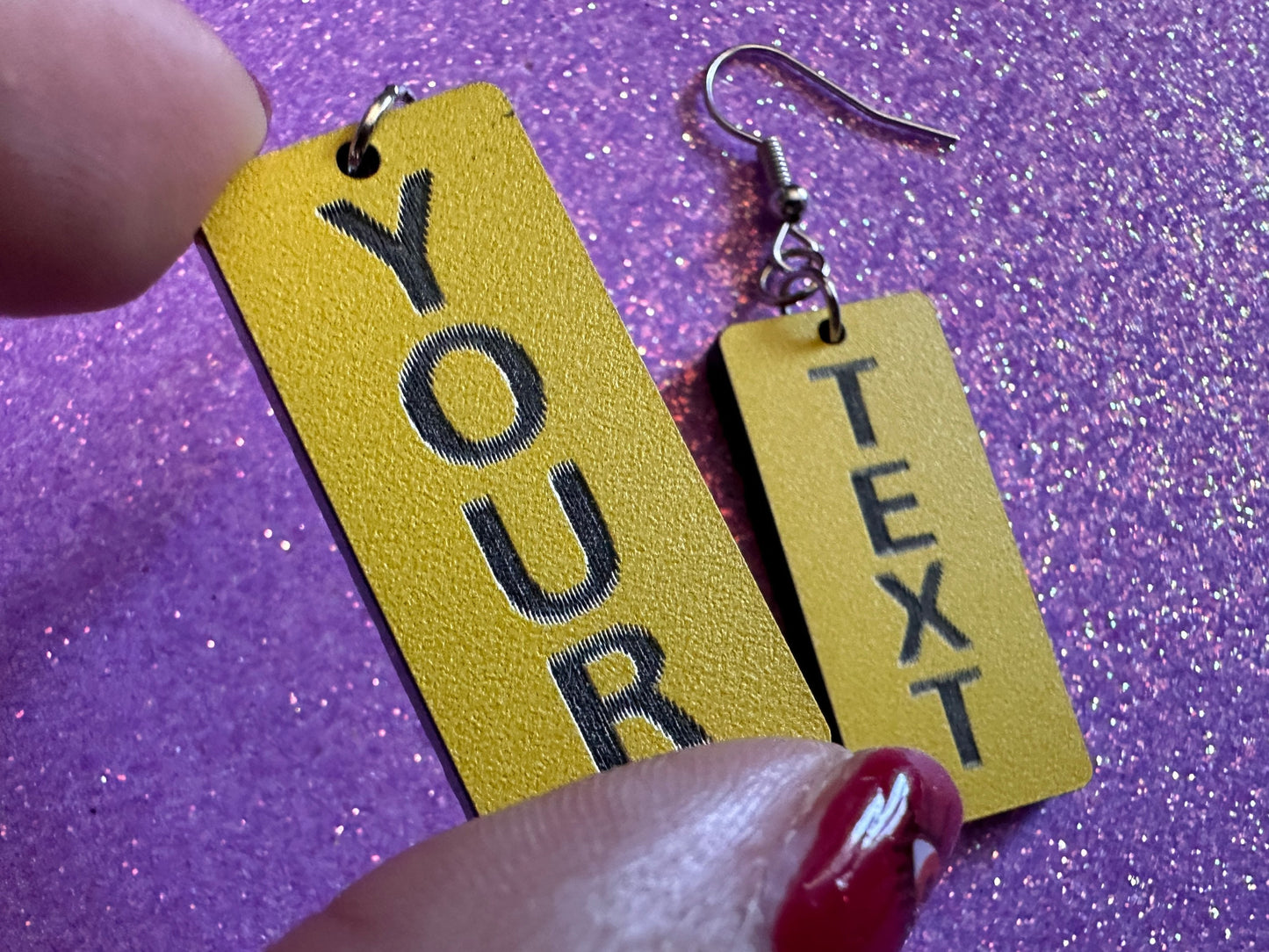 Custom Text Earrings: Laser Engraved Words, Yellow with Black Text, Letters, Names, Teacher Gift, Anniversary, Best Gifts for Her/Him/Them
