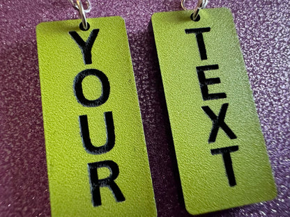 Custom Text Earrings: Laser Engraved Words, Yellow with Black Text, Letters, Names, Teacher Gift, Anniversary, Best Gifts for Her/Him/Them
