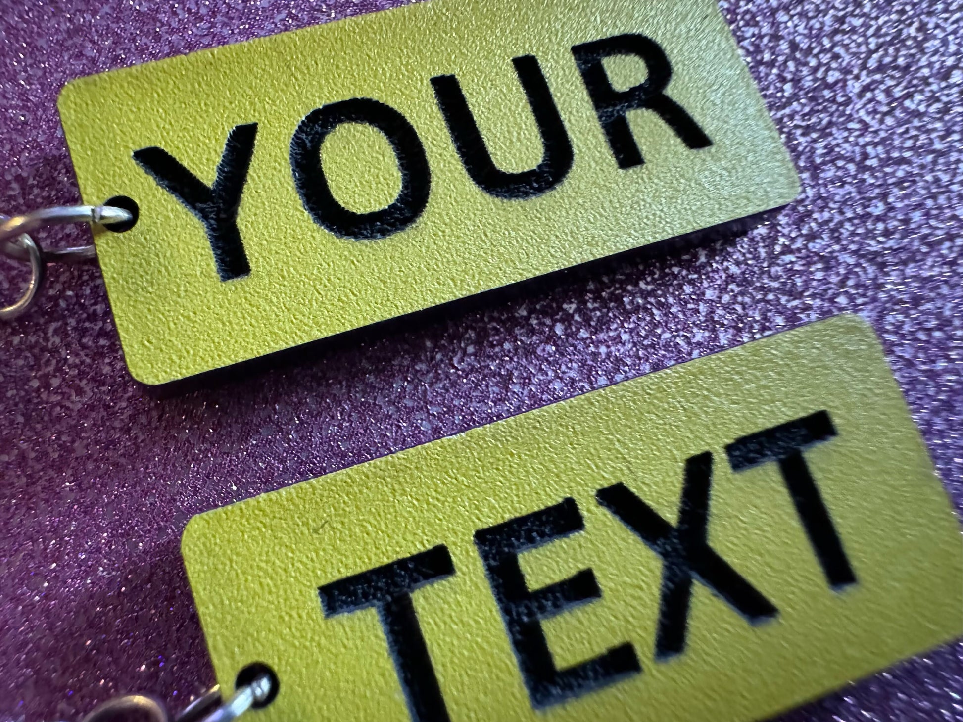 Custom Text Earrings: Laser Engraved Words, Yellow with Black Text, Letters, Names, Teacher Gift, Anniversary, Best Gifts for Her/Him/Them