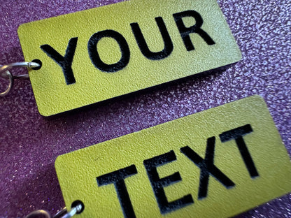 Custom Text Earrings: Laser Engraved Words, Yellow with Black Text, Letters, Names, Teacher Gift, Anniversary, Best Gifts for Her/Him/Them