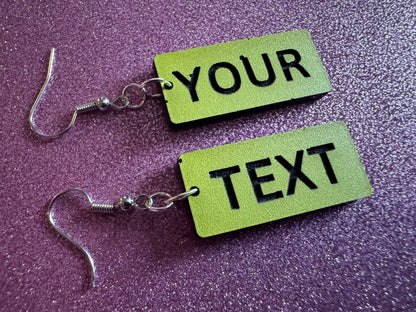 Custom Text Earrings: Laser Engraved Words, Yellow with Black Text, Letters, Names, Teacher Gift, Anniversary, Best Gifts for Her/Him/Them