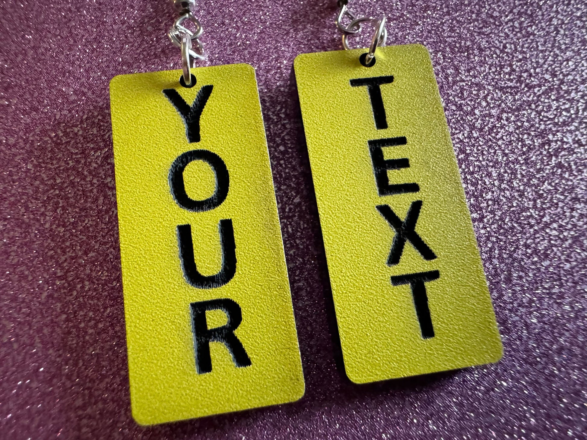 Custom Text Earrings: Laser Engraved Words, Yellow with Black Text, Letters, Names, Teacher Gift, Anniversary, Best Gifts for Her/Him/Them