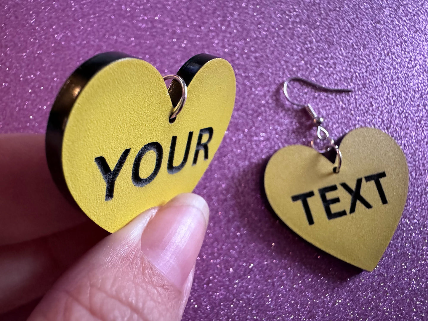 Custom Text Earrings: Laser Engraved Words, Yellow with Black Text, Letters, Names, Teacher Gift, Anniversary, Best Gifts for Her/Him/Them