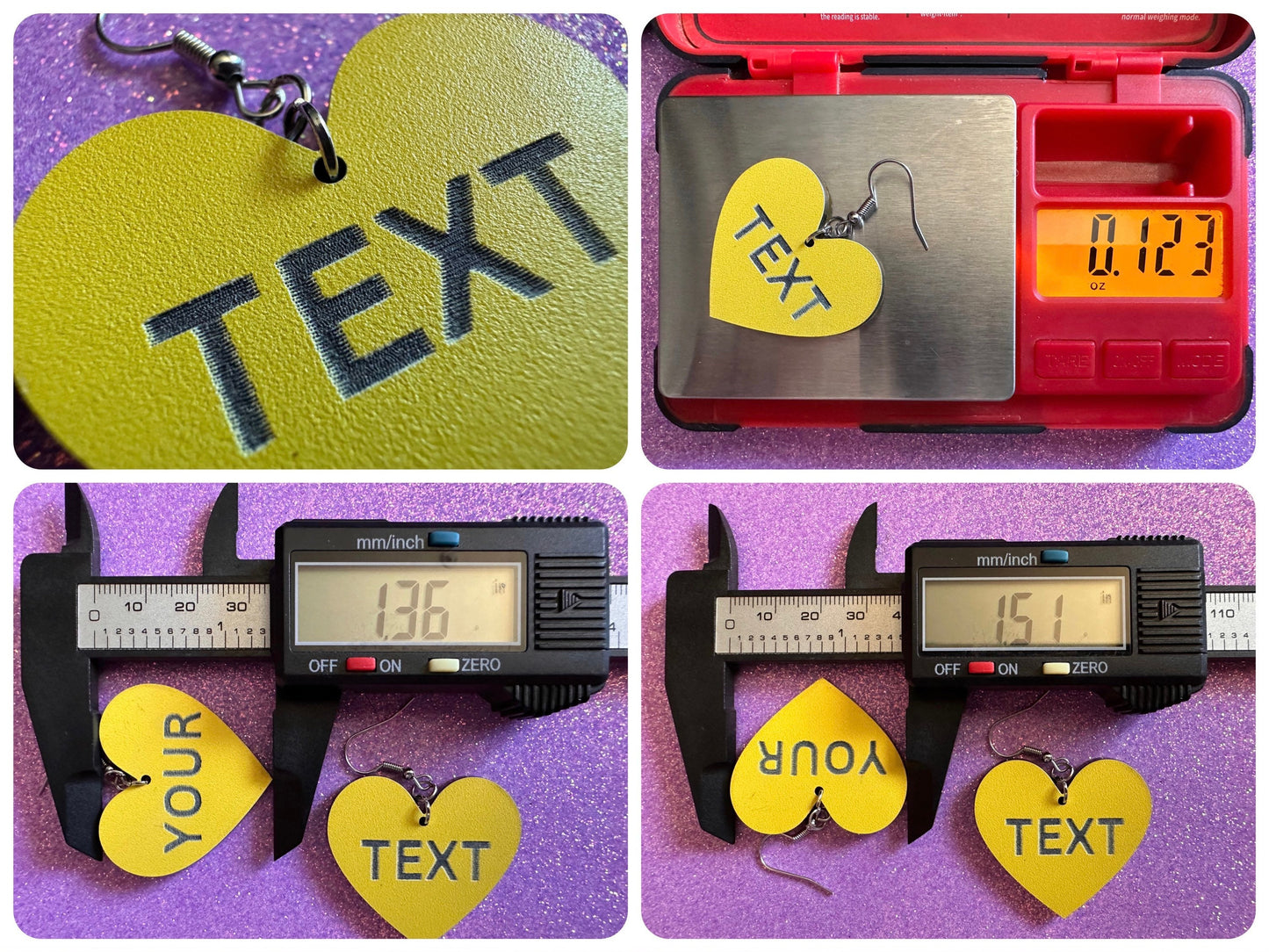 Custom Text Earrings: Laser Engraved Words, Yellow with Black Text, Letters, Names, Teacher Gift, Anniversary, Best Gifts for Her/Him/Them