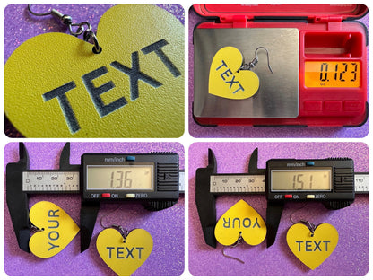 Custom Text Earrings: Laser Engraved Words, Yellow with Black Text, Letters, Names, Teacher Gift, Anniversary, Best Gifts for Her/Him/Them