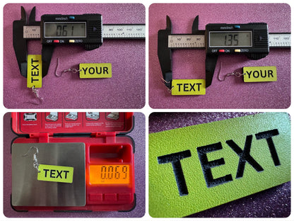 Custom Text Earrings: Laser Engraved Words, Yellow with Black Text, Letters, Names, Teacher Gift, Anniversary, Best Gifts for Her/Him/Them