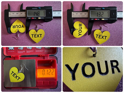 Custom Text Earrings: Laser Engraved Words, Yellow with Black Text, Letters, Names, Teacher Gift, Anniversary, Best Gifts for Her/Him/Them
