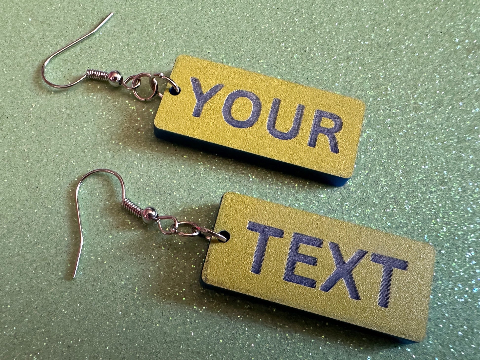 Custom Text Earrings: Laser Engraved Words, Yellow with Blue Text, Letters, Names, Teacher Gift, Anniversary, Best Gifts for Her/Him/Them
