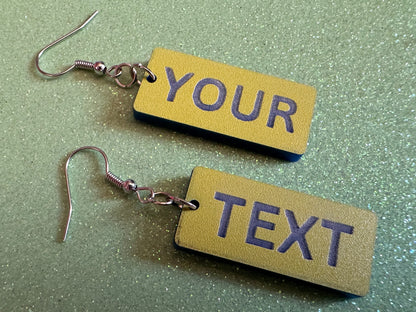 Custom Text Earrings: Laser Engraved Words, Yellow with Blue Text, Letters, Names, Teacher Gift, Anniversary, Best Gifts for Her/Him/Them