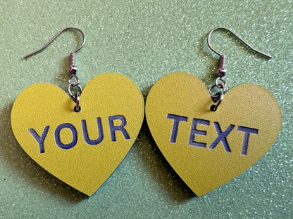 Custom Text Earrings: Laser Engraved Words, Yellow with Blue Text, Letters, Names, Teacher Gift, Anniversary, Best Gifts for Her/Him/Them