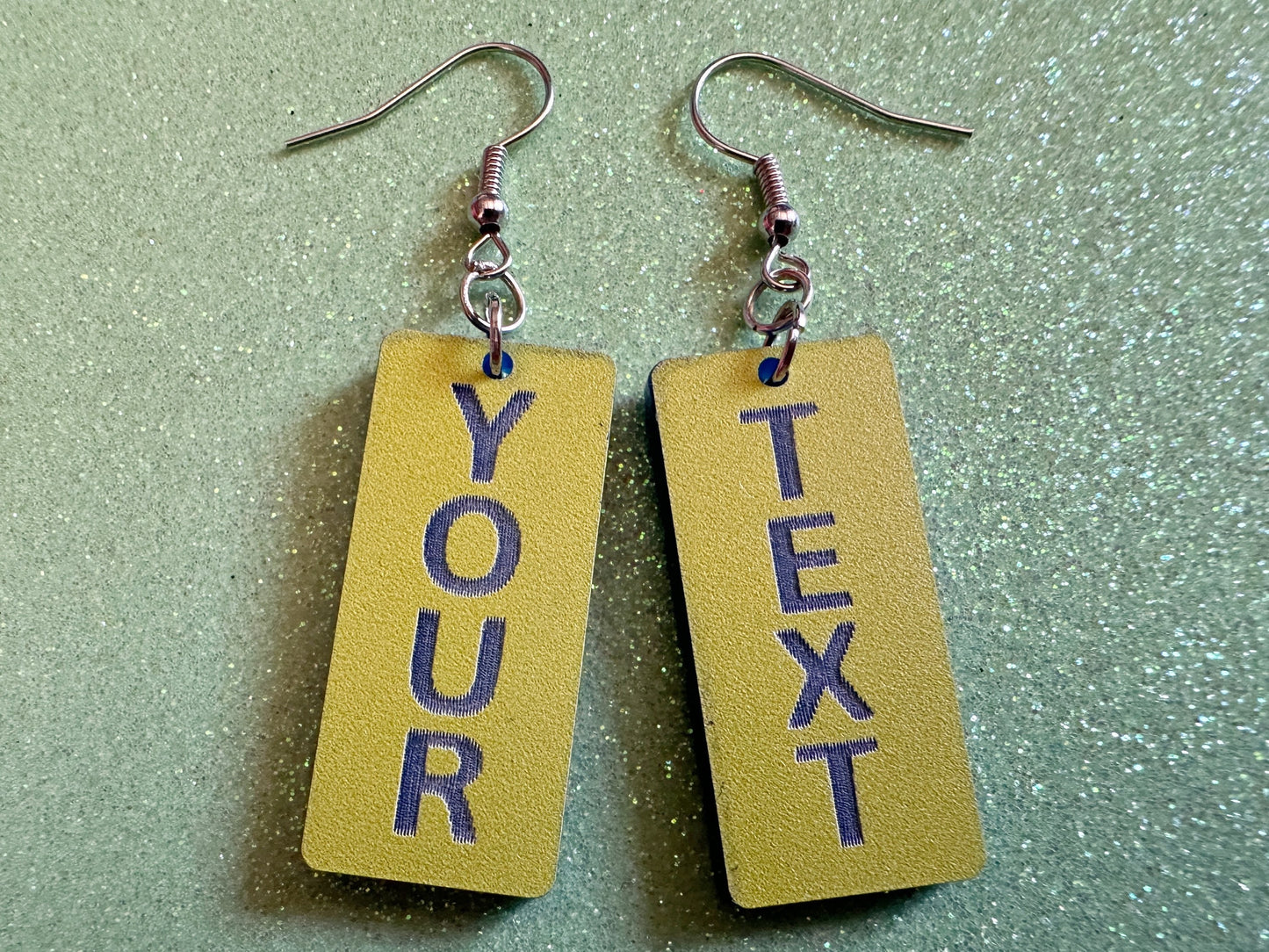 Custom Text Earrings: Laser Engraved Words, Yellow with Blue Text, Letters, Names, Teacher Gift, Anniversary, Best Gifts for Her/Him/Them