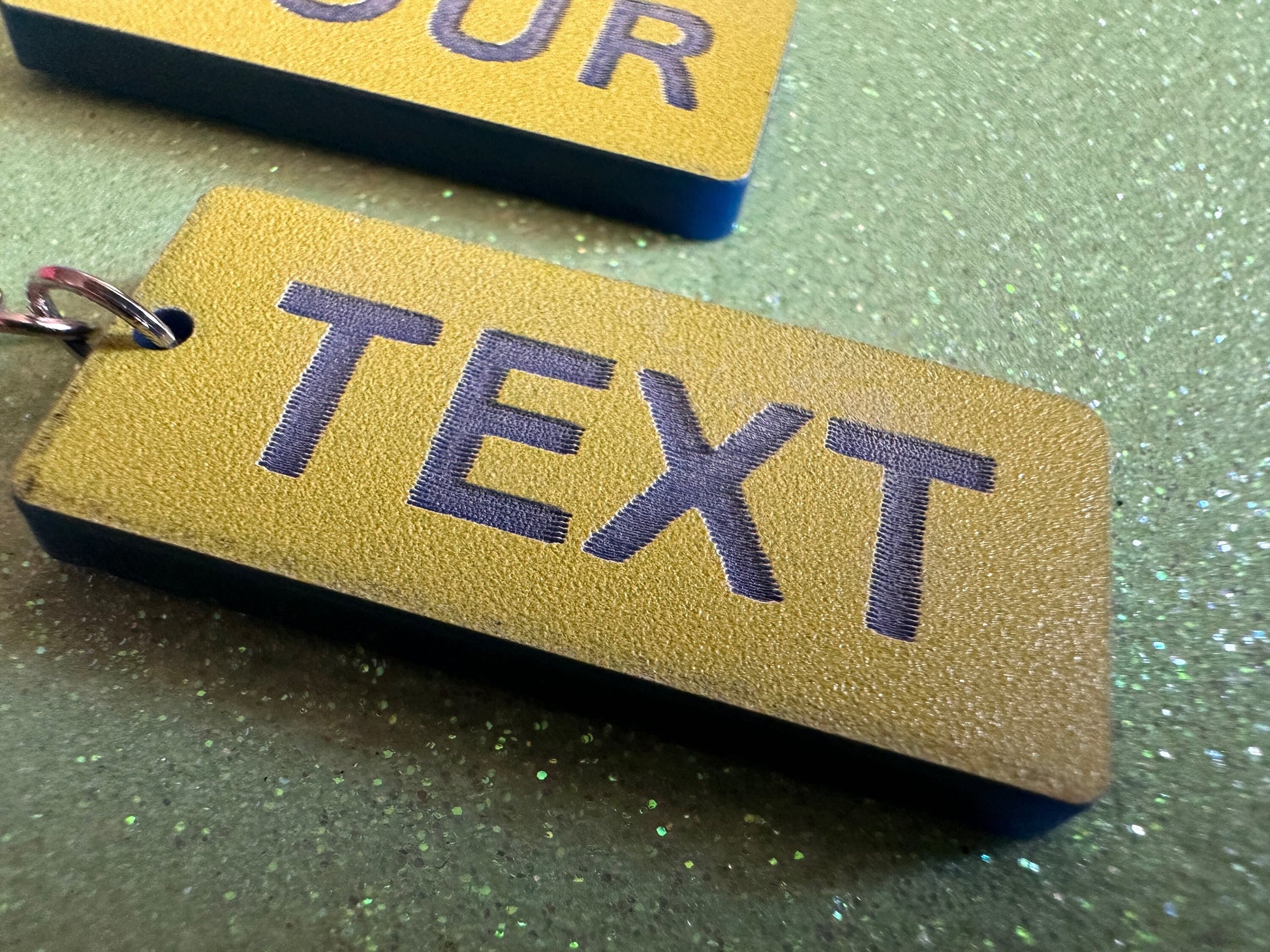 Custom Text Earrings: Laser Engraved Words, Yellow with Blue Text, Letters, Names, Teacher Gift, Anniversary, Best Gifts for Her/Him/Them