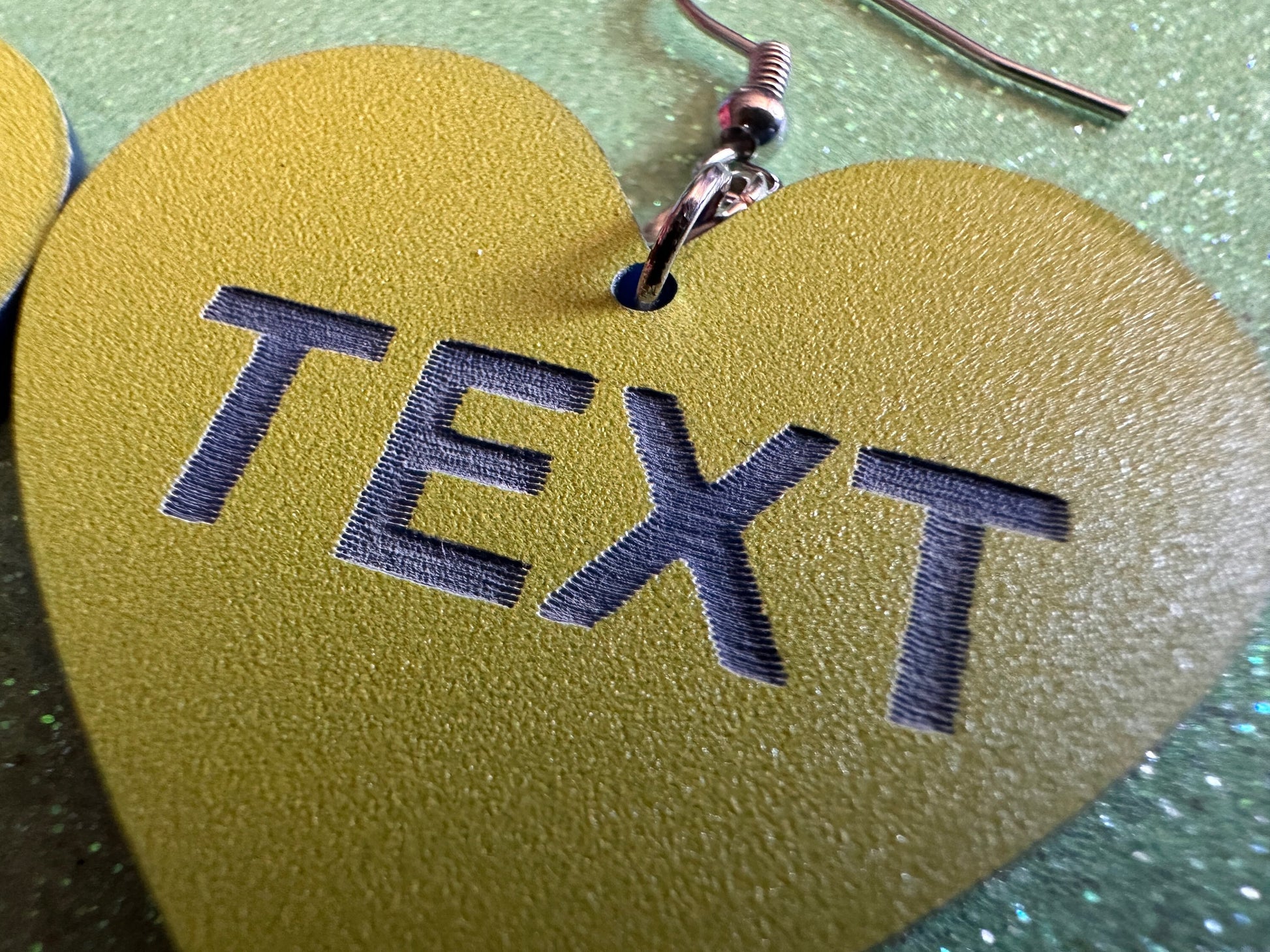 Custom Text Earrings: Laser Engraved Words, Yellow with Blue Text, Letters, Names, Teacher Gift, Anniversary, Best Gifts for Her/Him/Them