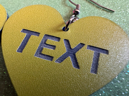 Custom Text Earrings: Laser Engraved Words, Yellow with Blue Text, Letters, Names, Teacher Gift, Anniversary, Best Gifts for Her/Him/Them