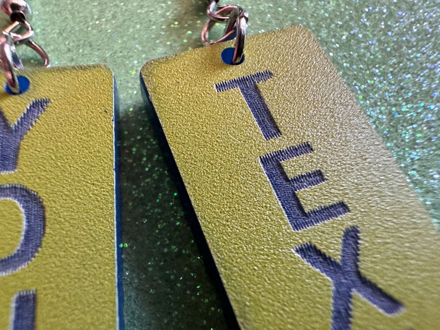 Custom Text Earrings: Laser Engraved Words, Yellow with Blue Text, Letters, Names, Teacher Gift, Anniversary, Best Gifts for Her/Him/Them