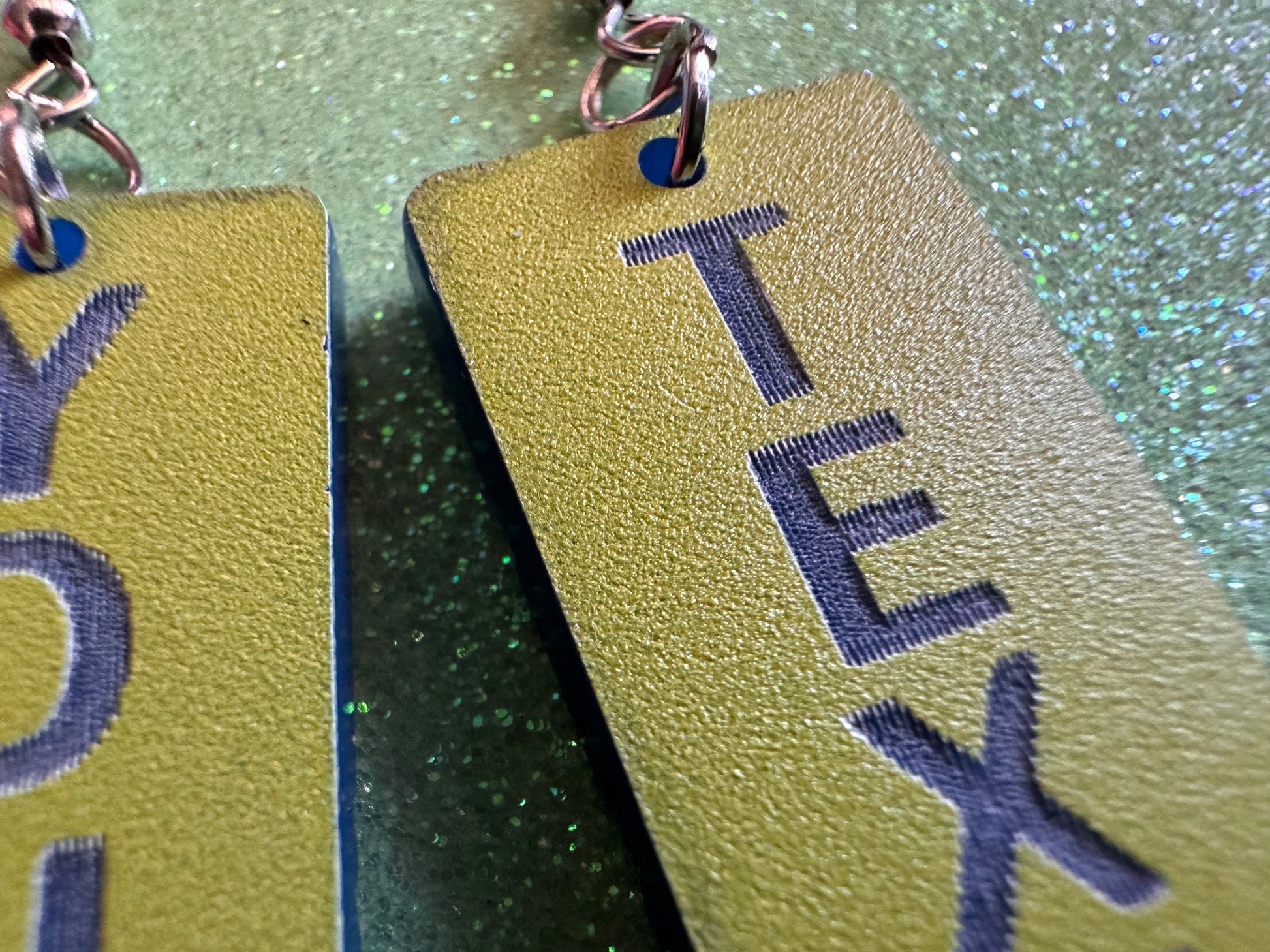 Custom Text Earrings: Laser Engraved Words, Yellow with Blue Text, Letters, Names, Teacher Gift, Anniversary, Best Gifts for Her/Him/Them